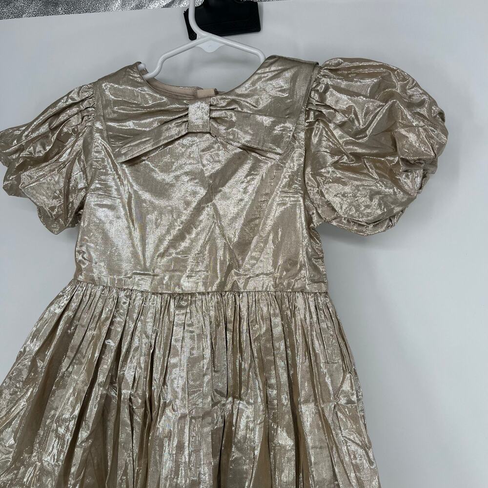 Boden Gold Metallic Party Dress Bow Collar Puff Sleeve Girls 3-4Y - Picture 3 of 6